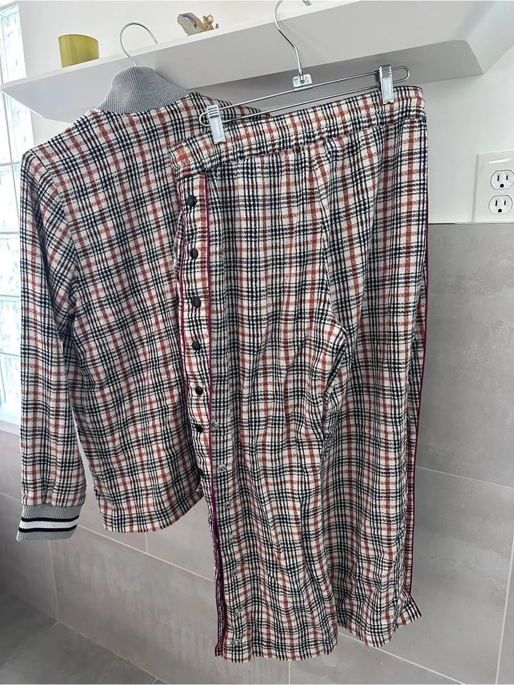 Free People Plaid Bomber Jacket & Pants Set in White, Red & Black